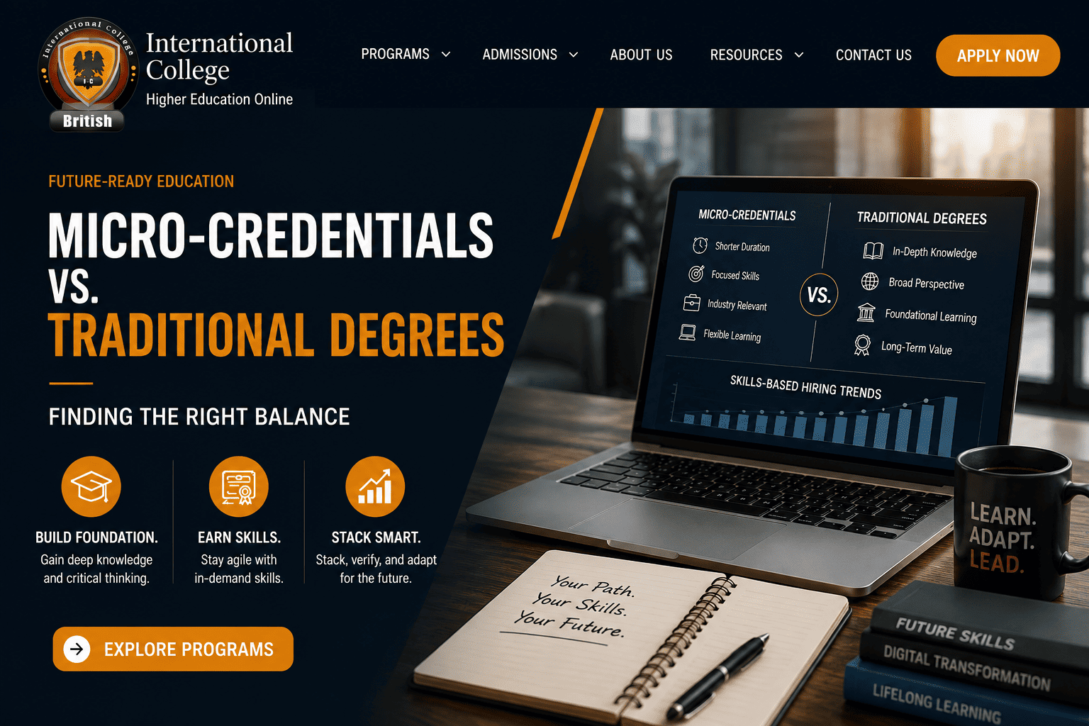 A male corporate professional in a dark charcoal suit analyzing alternative education tech and micro-credentials vs traditional degrees data on a digital screen.